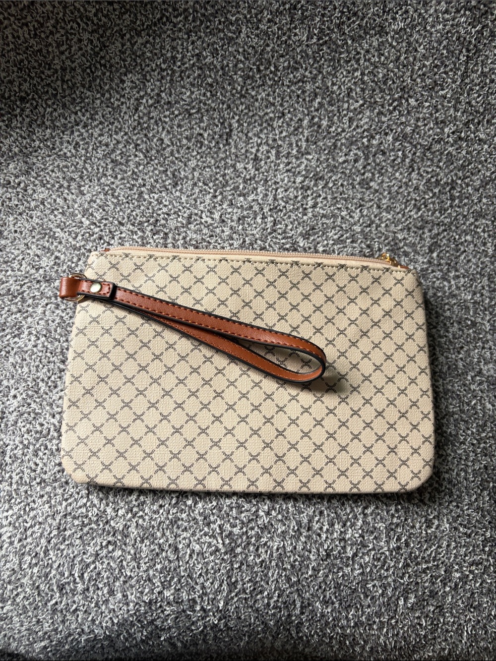 Elegant Beige Patterned Wristlet Clutch with Tan Strap